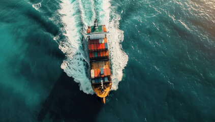 Aerial top view of a cargo ship driving in the sea with containers for business importation and international trade. Hidden behind is a motion blurred wave. It is a top down drone photo
