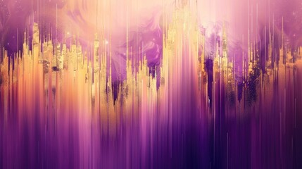 abstract purple and gold digital painting of long vertical lines, motion blur, fantasy city background
