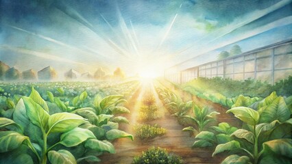 Sunlight filtering through the leaves of crops in a smart farm, highlighting the integration of nature and technology