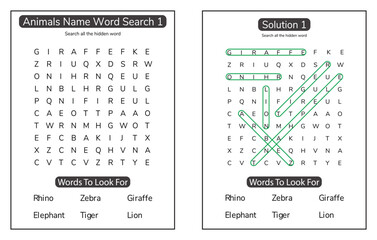 Animal word search KDP interior puzzle activity book for kids
