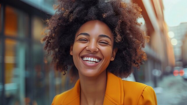 businesswoman laughing uproariously in the city during her work commute