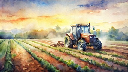 A modern tractor equipped with smart farming technology working in a vast field of crops