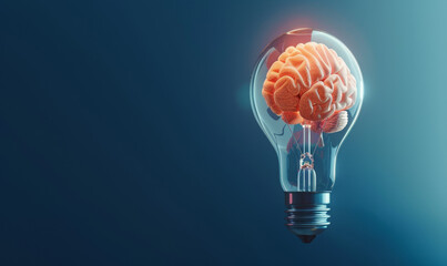 3d render of brain inside light bulb on dark blue background, concept for innovation and creativity in business or education with copy space