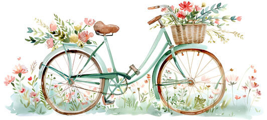 Cute Watercolor Bike with Flowers Illustrated Bicycle with basket of flowers. green color painting on white background
