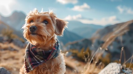 Small dog with scarf sits on mountain, gazing at view