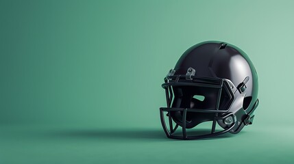 Fototapeta premium Black American football helmet on a green background.