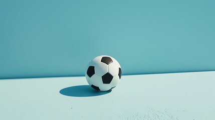 A classic black and white soccer ball sits on a blue surface. The ball is perfectly centered in the frame, and the lighting is soft and even. - Powered by Adobe