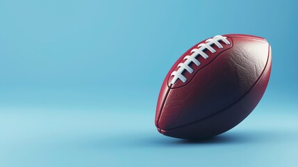 3D rendering of an American football on a blue background. The football is brown and has white stripes.