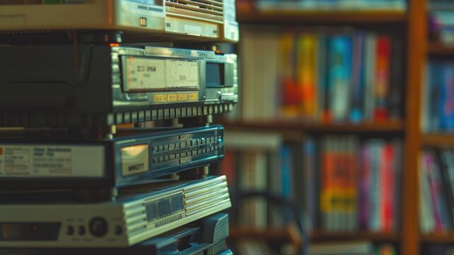 Stack of vintage audio equipment with blurry bookshelf background