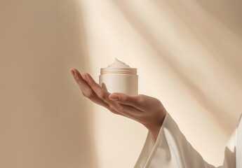 Womans hand with a jar of anti ageing cosmetics moisturiser cream against a beige tone background