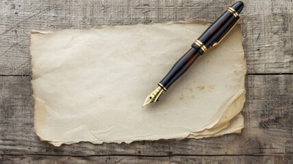 Elegant fountain pen rests on top of vintage, blank parchment wooden background