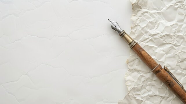 Antique ink pen on desk with torn white paper