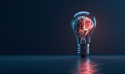 3d render of brain inside light bulb on dark blue background, concept for innovation and creative idea in business , flare banner with copy space text