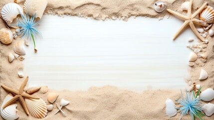 Beach-themed frame with sand, seashells, and starfish, creating a summer, coastal vibe. Perfect for vacation or travel backgrounds.