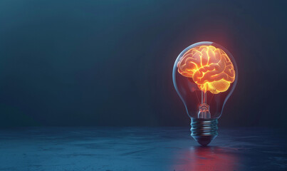 3d render of brain inside light bulb on dark blue background, idea concept with glowing human lovely shape in studio lighting. New innovation creative ideas symbol for business success
