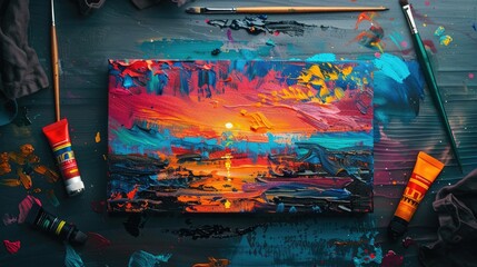 An art piece of a sunset displayed on canvas with paint tubes and brushes on a table. The colors include electric blue, resembling automotive exterior, against a building backdrop reflecting on water