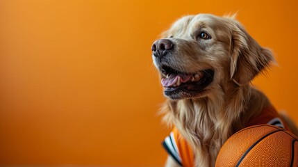 Golden Retriever dog in orange jersey with basketball against orange background, conveying playfulness and enthusiasm.