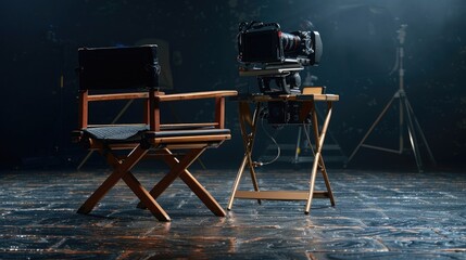 Black background, director's chair with film equipment and wooden table on dark floor. Film making concept. High quality.