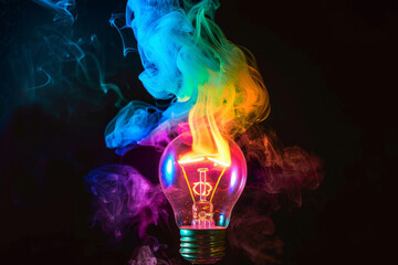 Colorful light bulb with flame and colorful smoke on black background. Concept of idea, inspiration or creativity. High resolution photography.