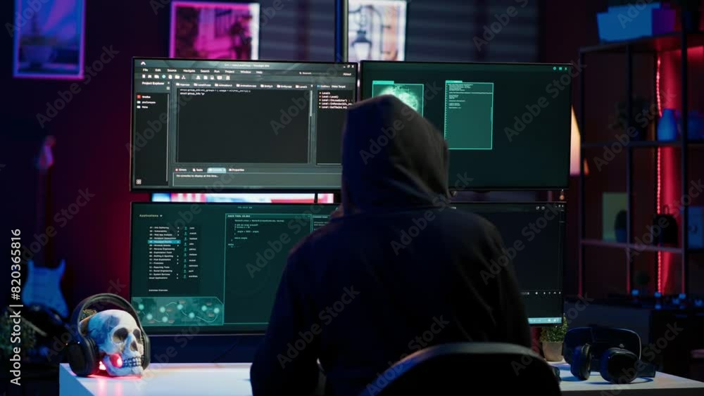 Poster cybercriminal fraudulently breaching security systems while hiding in secret hq. hacker breaking dow