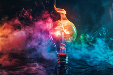 Colorful light bulb with flame and colorful smoke on black background. Creative idea concept isolated