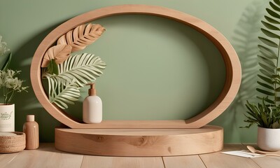 Polished Wood Podium with Botanical Background and Filtered Sunlight