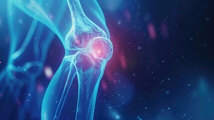 close up of knee joint pain, medical xray background with blue color and glowing red on the space around 