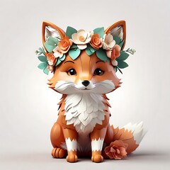 3D render Adorable Fox with a Flower Crown