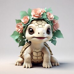 3D render Adorable Turtle with a Flower Crown