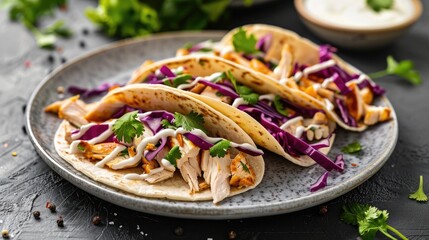 Colorful chicken tacos with white sauce and red cabbage on a plate, - Powered by Adobe