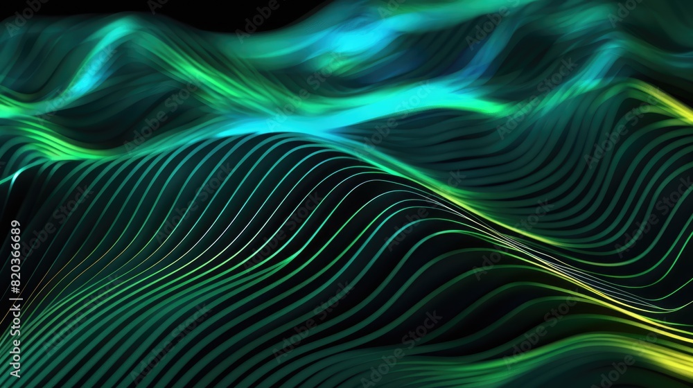 Poster colorful 3d rendering of a wavy surface with bright glowing lines. aig51a.