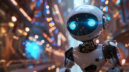 A small, cute robot with big, blue eyes is standing in a brightly lit room. The robot is looking at the camera with a curious expression.