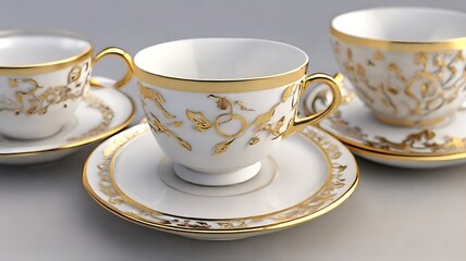 3D render Gold and white teacup and saucer