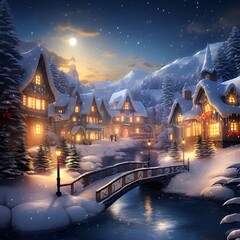 Winter village in the moonlight. Illustration for your design.