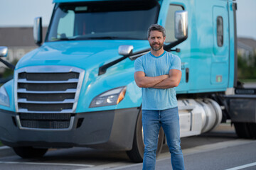 Men driver near lorry truck. Man owner truck driver. Millennial trucker. Trucking owner....