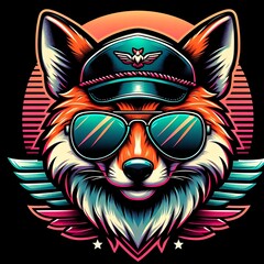 fox wearing aviators animal mascot, sports team logo, clean design, neon colors, in the style of a tattoo design,3