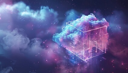 Digital cube with data and cloud inside on dark background, technology concept of big brush or digital graphics in form of clouds