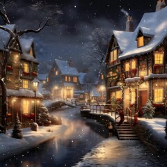 Illustration of a beautiful winter night in european village.