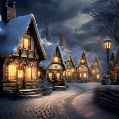 Winter night in the village. Snowfall in the village. Digital painting.