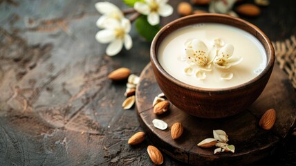 Fototapeta na wymiar Bowl of milk with almonds and white flowers on rustic background