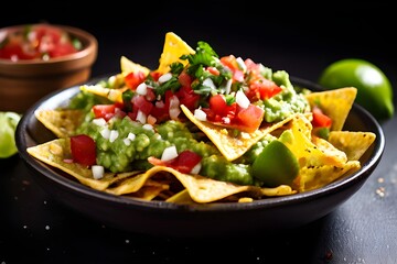 Mexican food nachos with guacamole and salsa