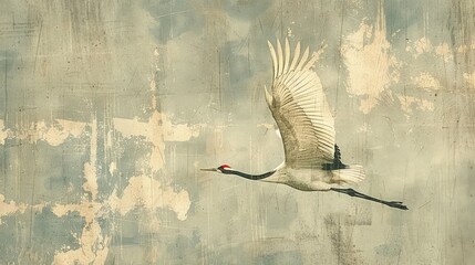 Classic Japanese View in Sumi Ink Painting. Crane in sumi ink.
