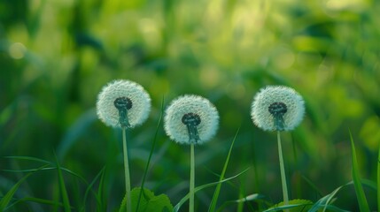 White Fluffy Dandelions Against A Natural Green Blurred Background, Capturing The Delicate Beauty Of The Flowers, High Quality