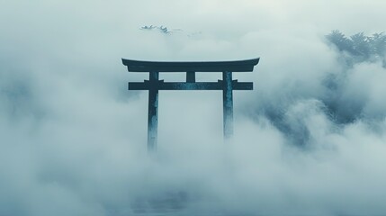 Classic Japanese View in Sumi Ink Painting. Tori gate in sumi ink.