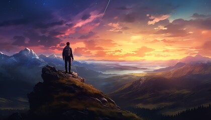 The man stand on the top of the mountain and watching the sunset. The sky is colorful and beautiful.