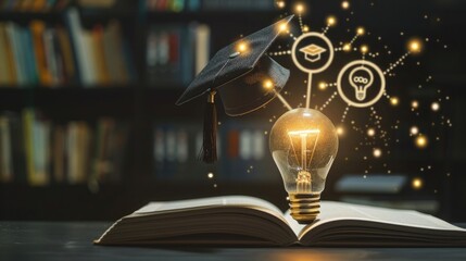 Light bulb with graduation hat on open book and education icons background, innovation concept for online learning or zoom class to students at home. High quality.