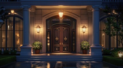 luxury mansion front door at night with lanterns, photo realistic, high resolution,