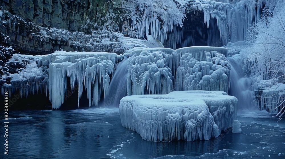 Poster a group of frozen waterfalls cascading into a lake creating a stunning display of ice circles in var