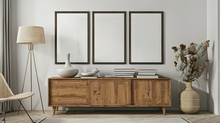 Three mock up poster frames on the wall in a modern living room interior. Books, a vase, and a lamp sit on a cabinet. Scandinavian style. 3D rendering.
