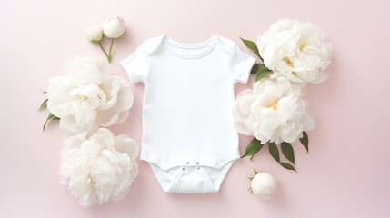 Obraz na płótnie Canvas White baby bodysuit mockup with peony flowers on pink background.